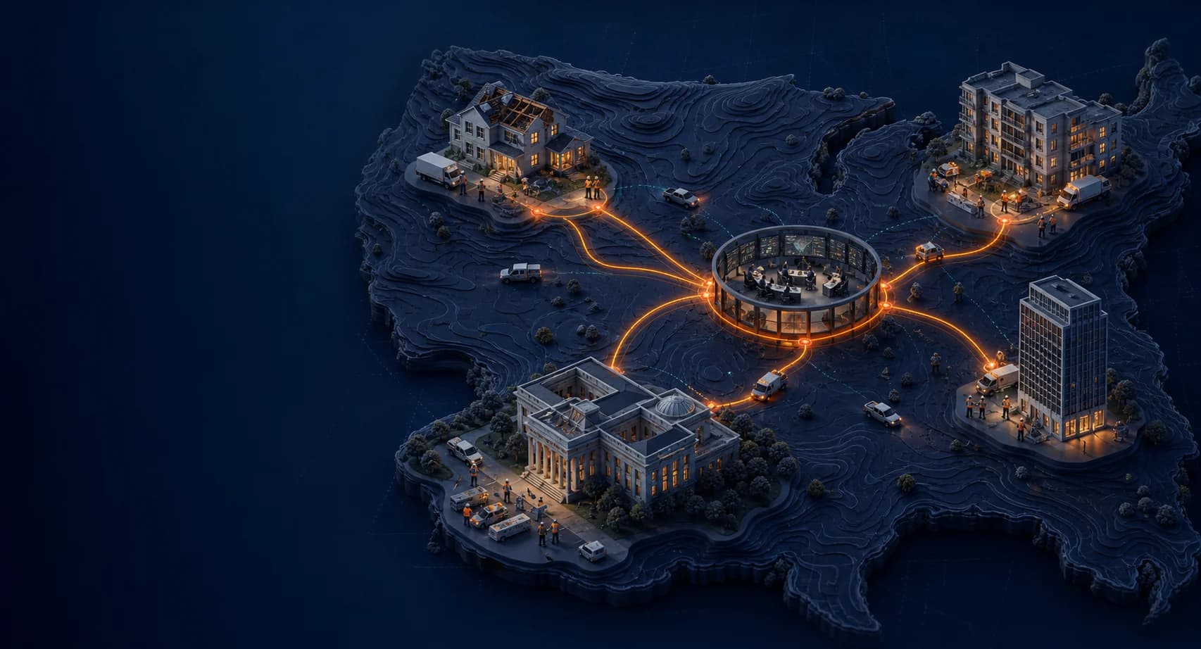 Architectural map of projects across the United States connected to one operations hub
