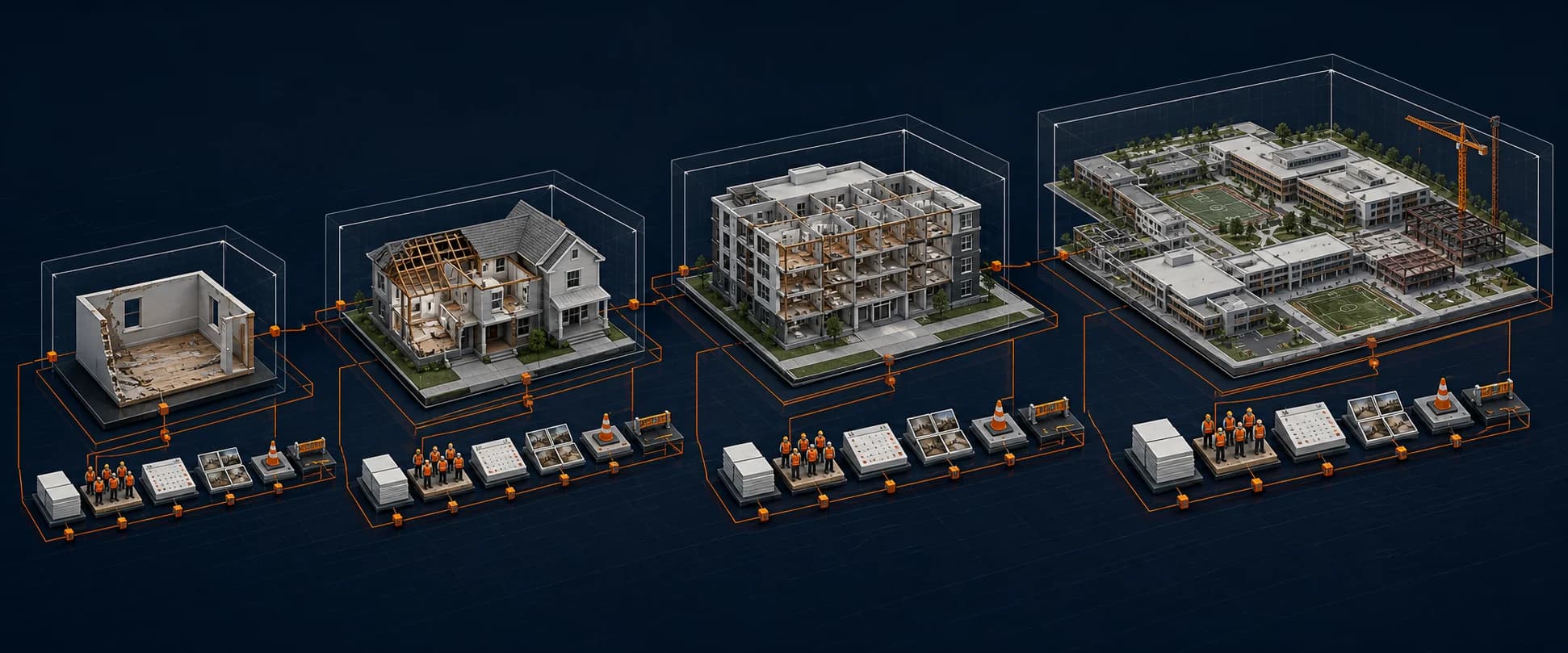 The same project components repeated from a single damaged room through a house, apartment building, and large campus