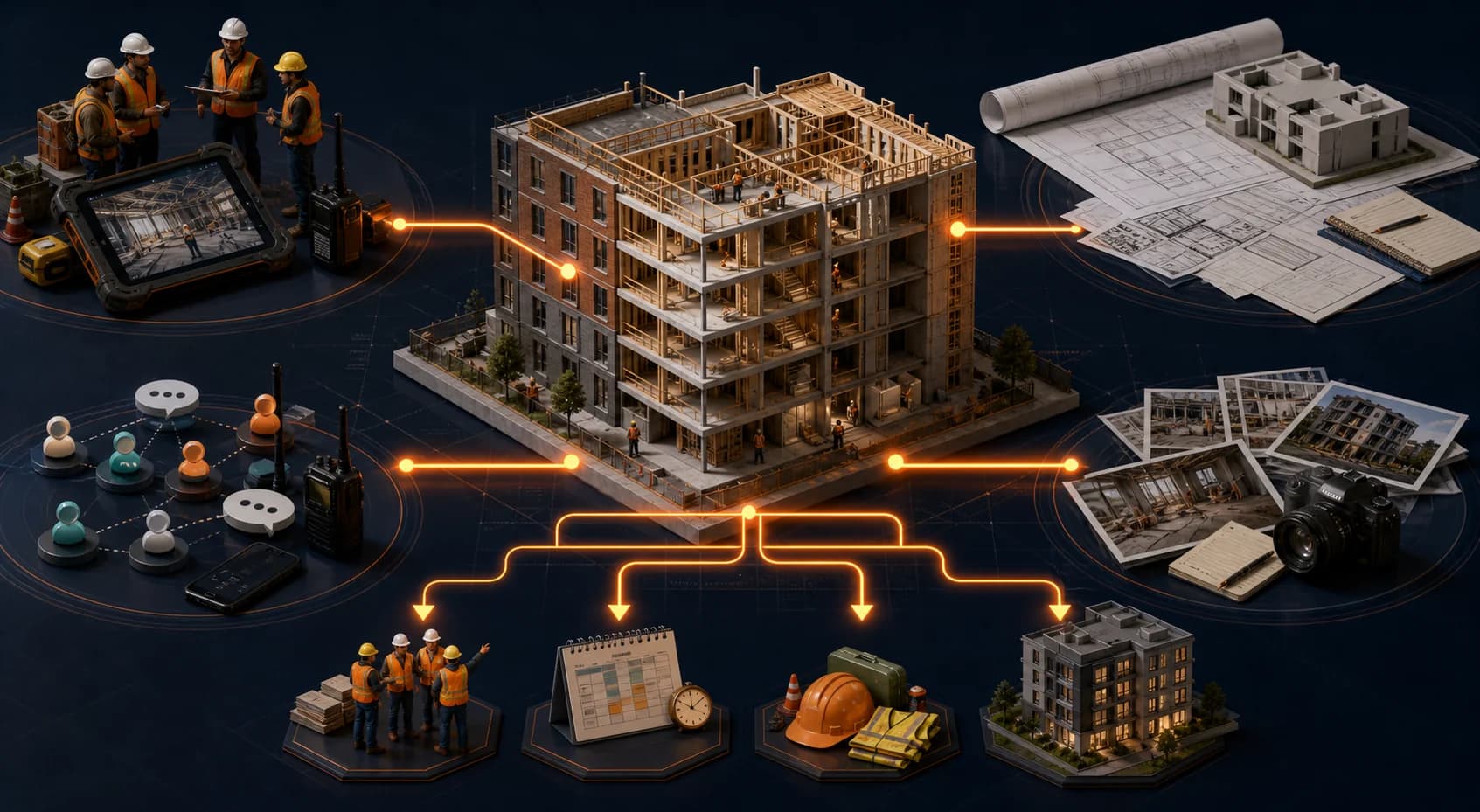 Communications, plans, worker activity, photos, and reports connected to one construction project model